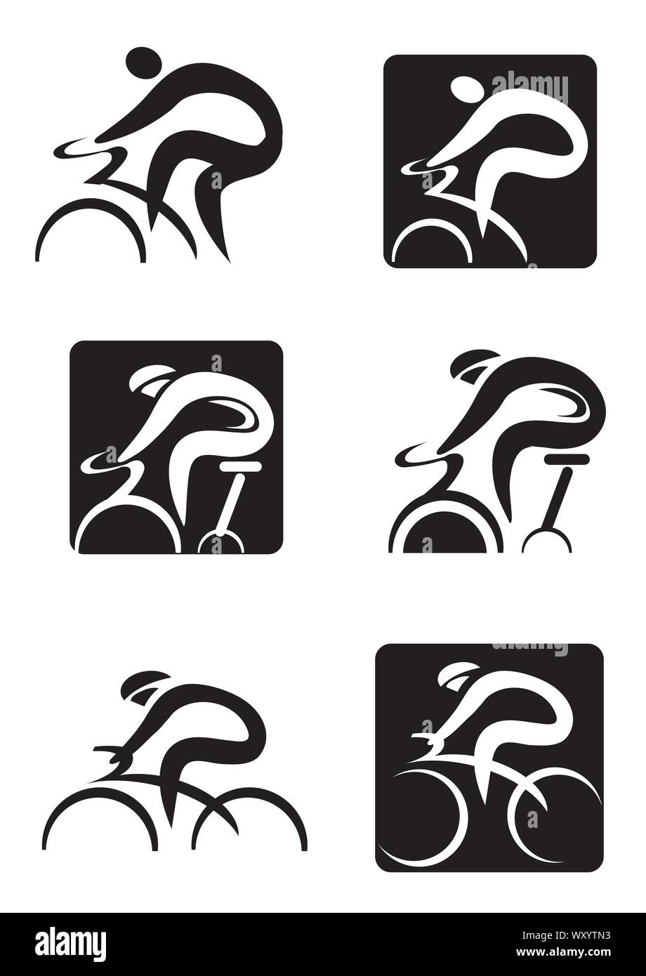 La filatura ciclismo icone. Set di nero simboli sport. Isolato su sfondo bianco. Vettore disponibile. Illustrazione Vettoriale