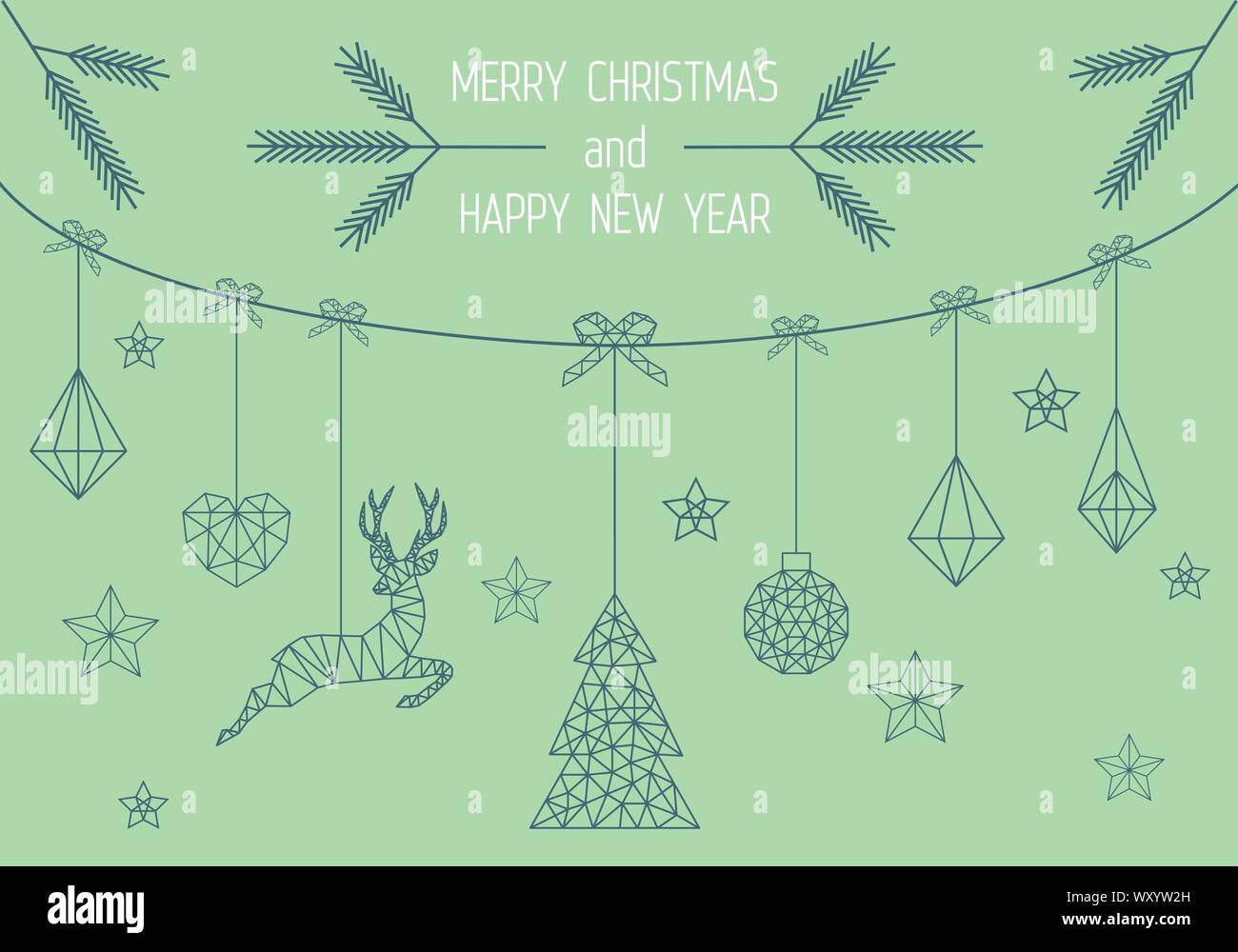 Geometrica scheda di Natale, semplice, linea moderna arte, menta sfondo verde, vettore elementi di design grafico Illustrazione Vettoriale