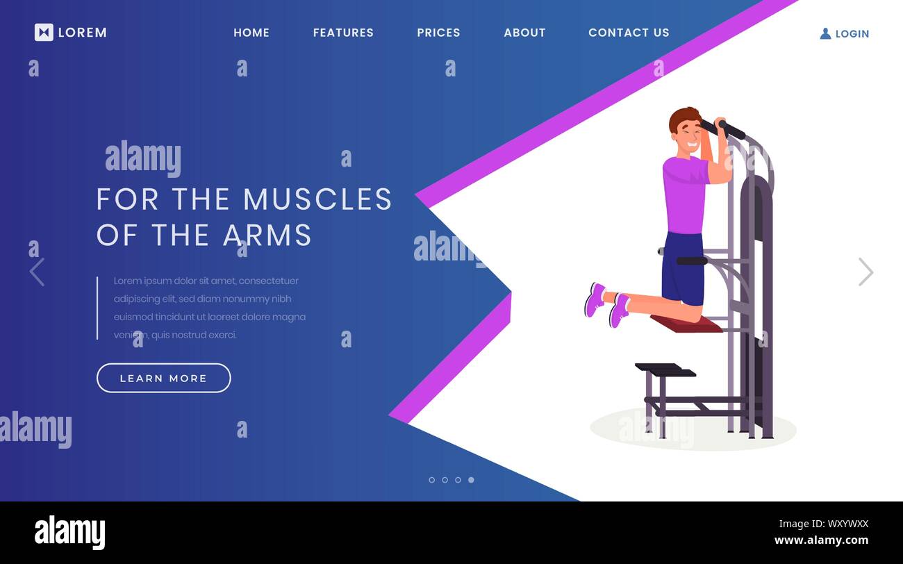 Bracci di formazione dei muscoli landing page template vettoriale. Uno stile di vita sano, bodybuilding website homepage idea di interfaccia con piatto illustrazioni. Sport club attrezzature banner web, pagina web Concept cartoon Illustrazione Vettoriale