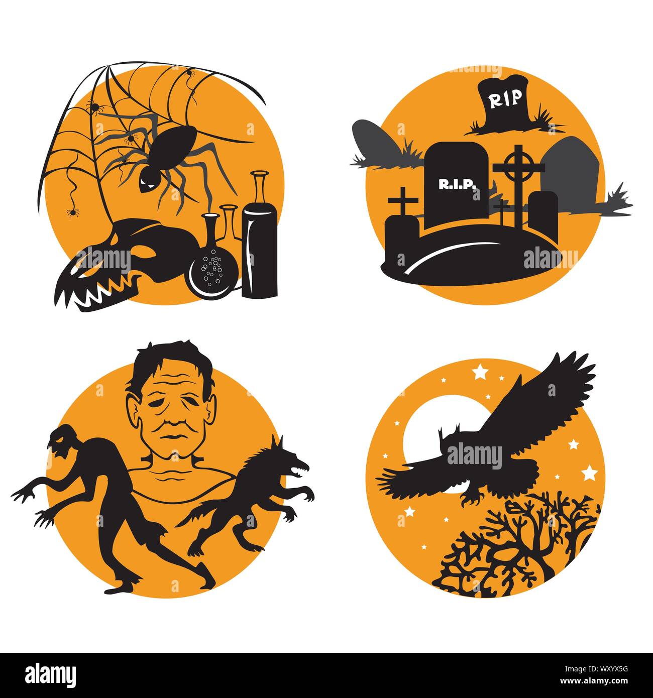 Set di vettore per la festa di Halloween, quattro illustrazione di piccole dimensioni con caratteri di Halloween (web, spider e il cranio, cimitero con tombe, zombie, lupo mannaro e Fran Illustrazione Vettoriale