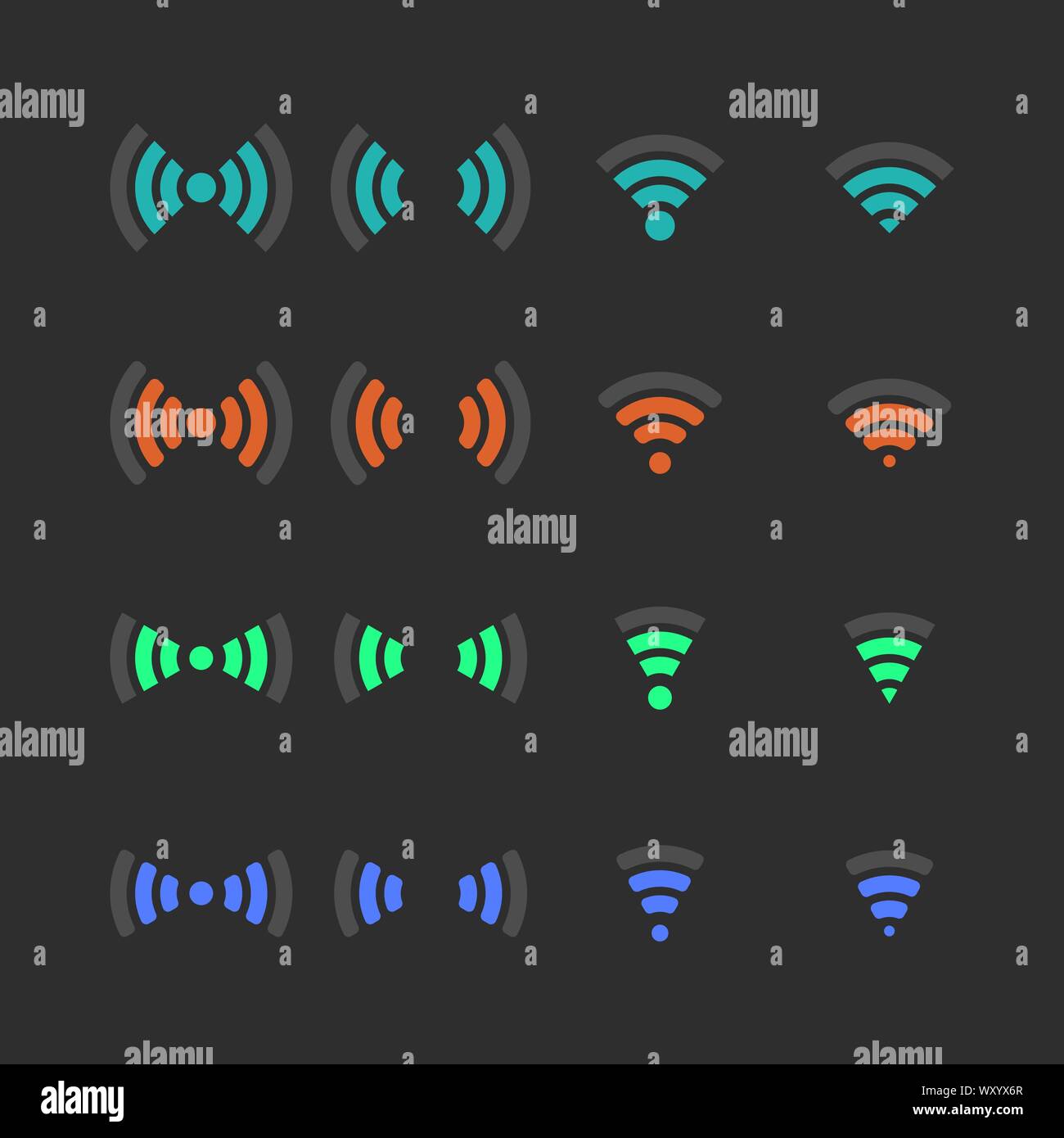 Set di icone di wireless con diversi livelli di comunicazione. In stile appartamento, illustrazione vettoriale. Illustrazione Vettoriale