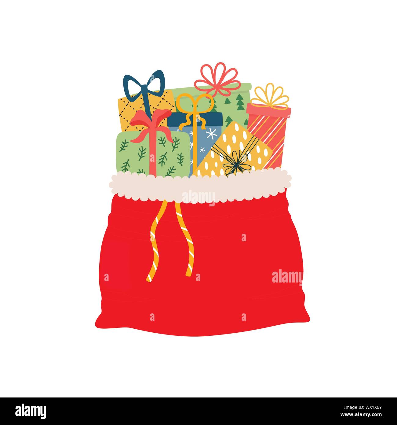 Aprire il sacchetto rosso pieno di regali di Natale solated vettore. Cartoon Santa s sacco con confezioni regalo per congratulazioni a vacanze Illustrazione Vettoriale