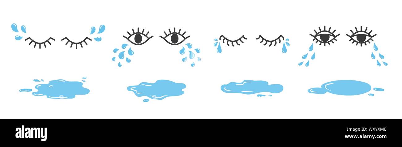 Set di doodle occhi piange con gocce di strappo e pozze. Cartoon carino piangendo gli Emoji collezione. Illustrazione Vettoriale