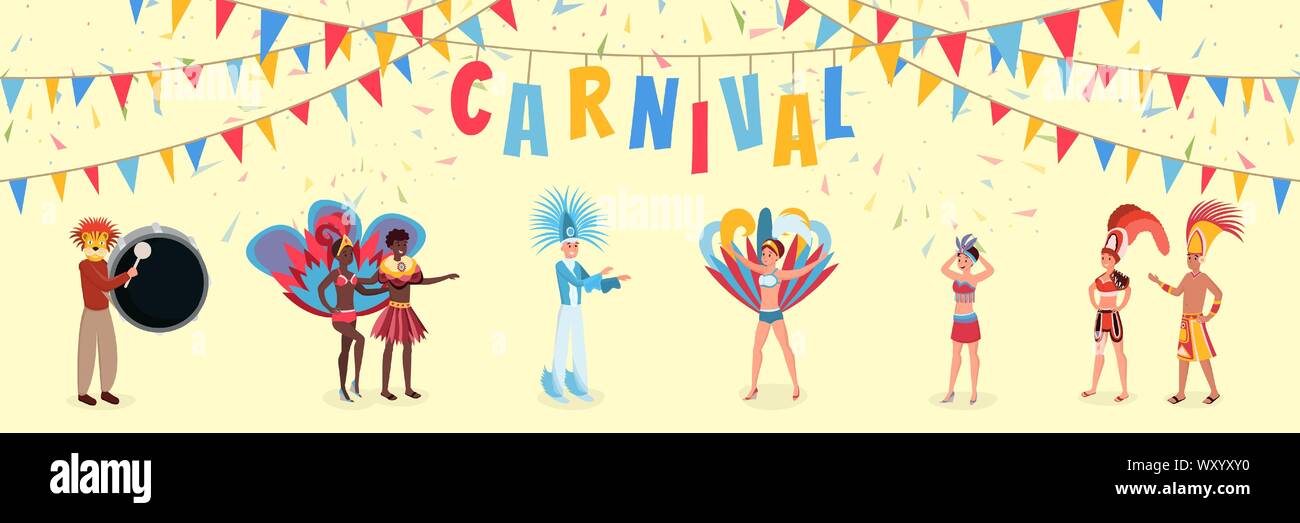 Carnevale sudamericano piatta illustrazione vettoriale. Felici gli uomini e le donne in splendidi costumi nazionali i personaggi dei cartoni animati. Tradizionale vacanza latina celebrazione, latino festival della cultura il concetto di banner Illustrazione Vettoriale