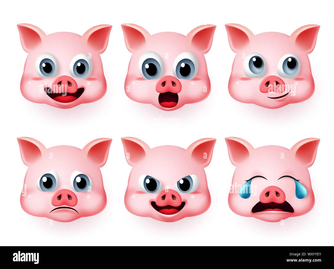 Maiale vettore emoji set. Suini viso carino emoticon e emojis con felice, piangendo e le espressioni di sorpresa isolato in uno sfondo bianco. Illustrazione Vettoriale. Illustrazione Vettoriale