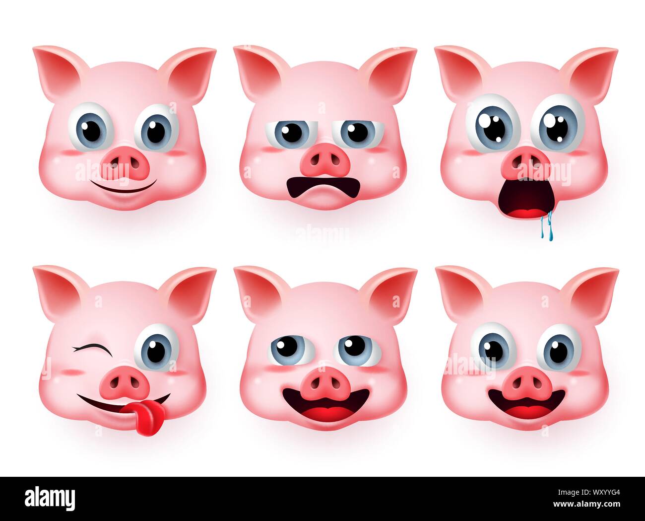 Maiale vettore emoji set. Testa di suini animali emoticon con emozioni e umore come fame e divertente isolato in uno sfondo bianco. Illustrazione Vettoriale 3d. Illustrazione Vettoriale