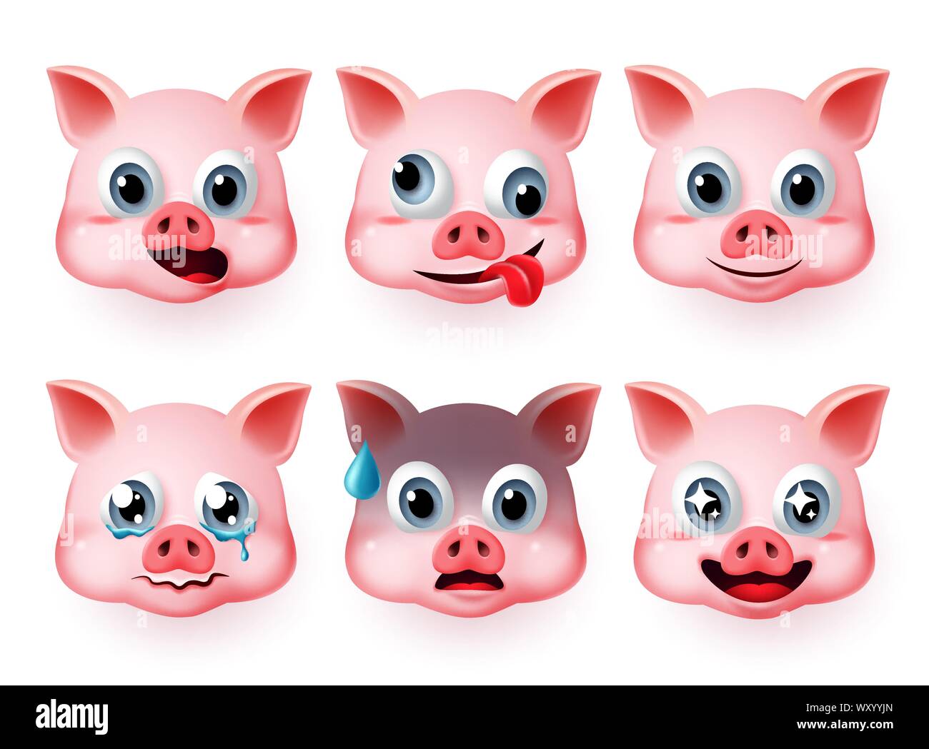 Emoticon di maiale faccia grassa vector set. Gli Emoji suini in testa facce carine come felice e paura di espressioni facciali isolato in uno sfondo bianco. Illustrazione Vettoriale