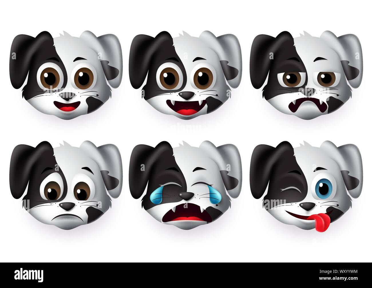 Cane vettore emojis set. Cucciolo cani faccia emoticon icona e nel pianto e divertenti espressioni facciali ed emozione isolato in uno sfondo bianco. Illustrazione Vettoriale