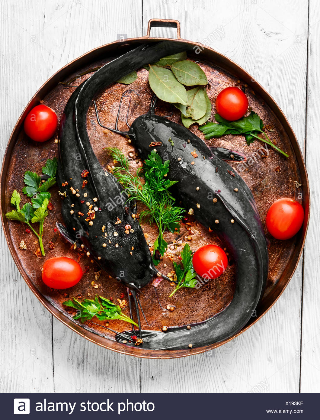 Pesce Crudo Pesce Gatto Su Rame Padella Foto Immagine Stock
