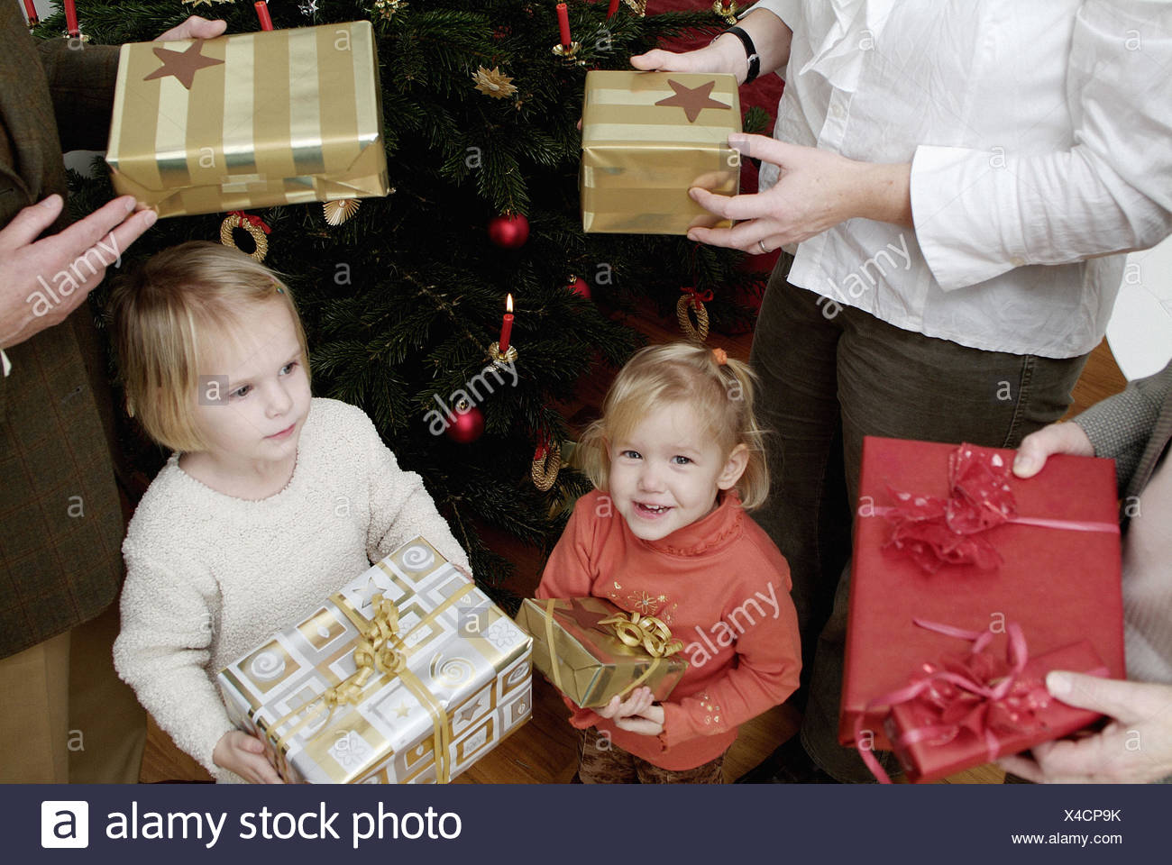 Albero Di Natale Famiglia Presenta Attesa Dettaglio Genitori Nonna Bambini Controllate Ragazze Due Neonati Natale La