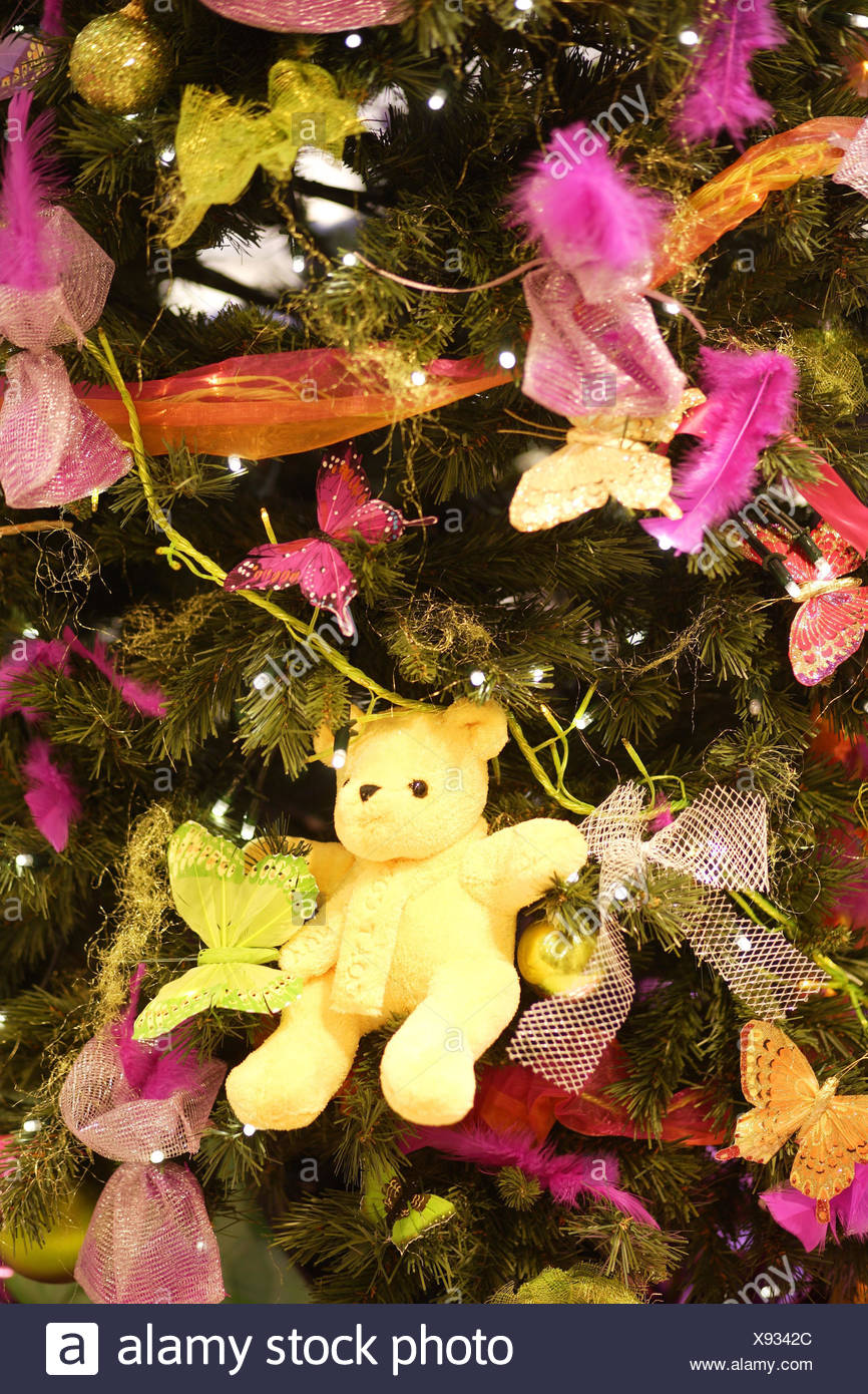 Albero Di Natale Dettaglio Albero Gioielli Luminosamente Natale Decorazione Decorazione Di Natale L Albero Di Natale Christmas Tree Decorata Poco Orsetti Orsetti Farfalle Piume Corde Loop Decora Moderno Artificialmente Giallo Rosa