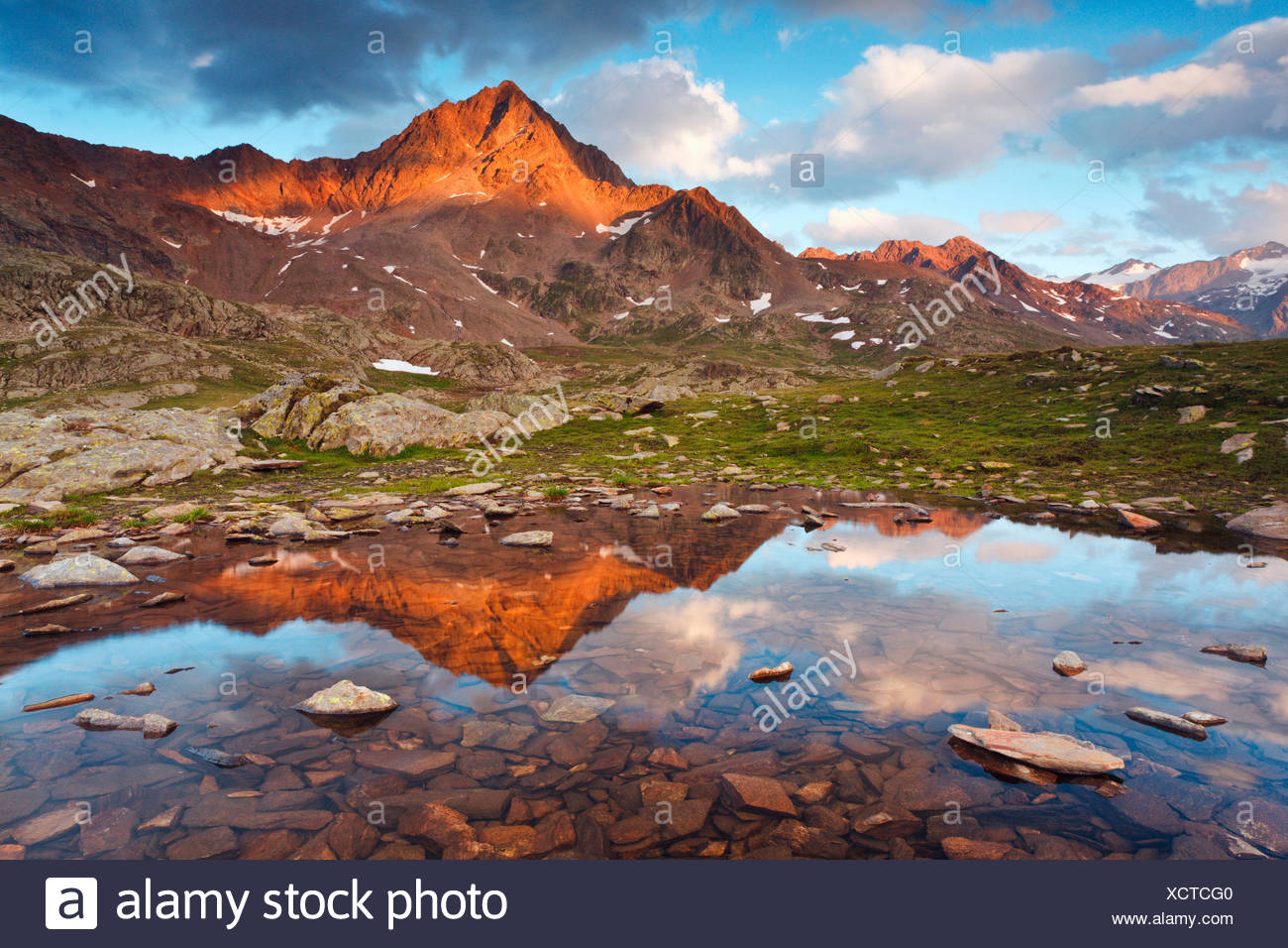 Passo Gavia, provincia di Sondrio, Parco Nazionale dello Stelvio, Lombardia, Italia. Il Corno di Tre Signori si riflette in una piccola pozza. Foto Stock