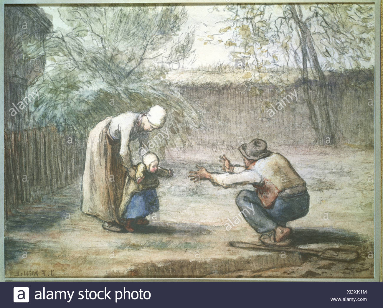 "Belle Arti, miglio, Jean-Francois (1814 - 1875), disegno, "i primi passi", collezione privata, Augsburg, Francese, realismo, Sc Foto Stock