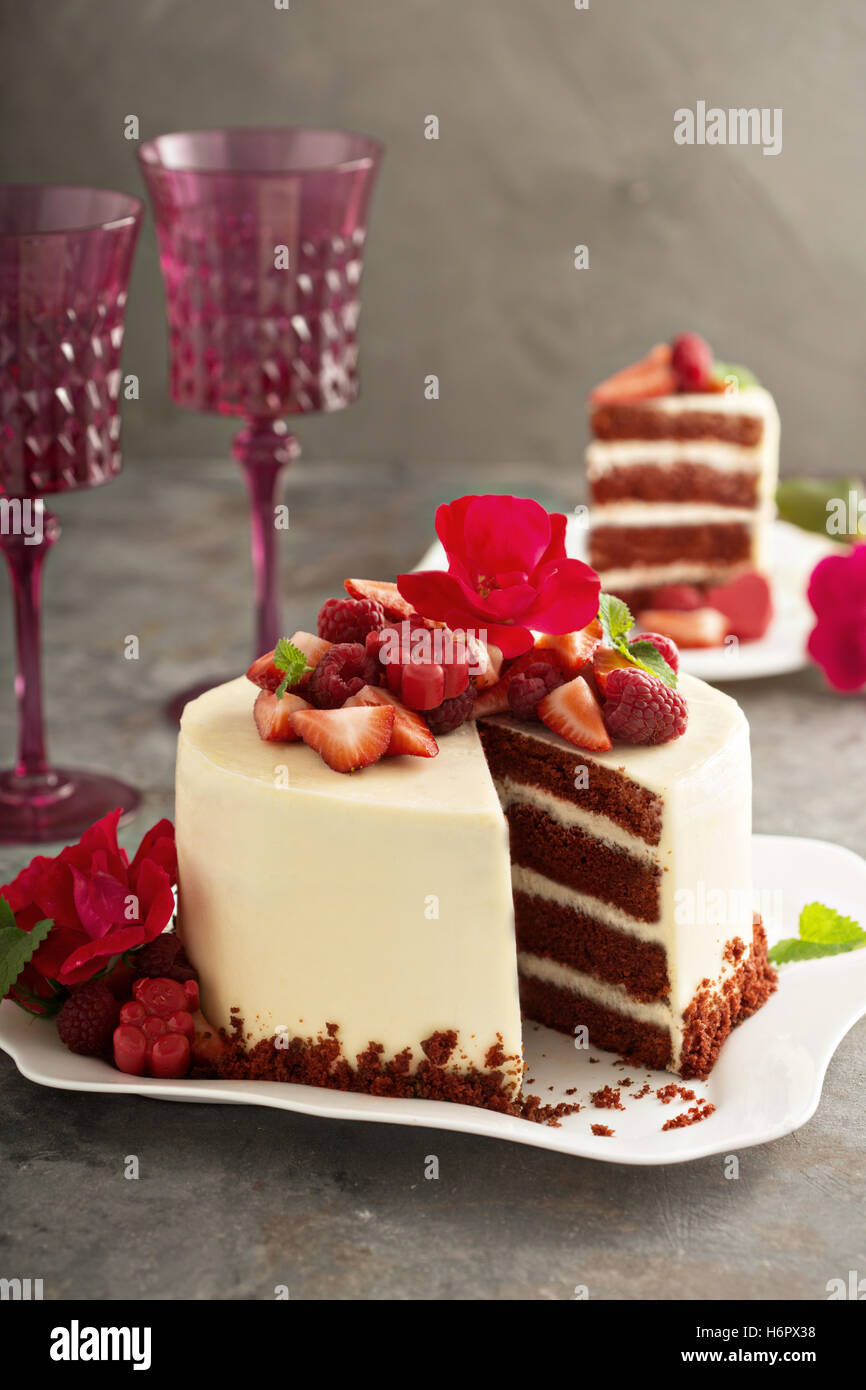 Red Velvet Cake Decorated With Strawberry Stock Photo 124663932