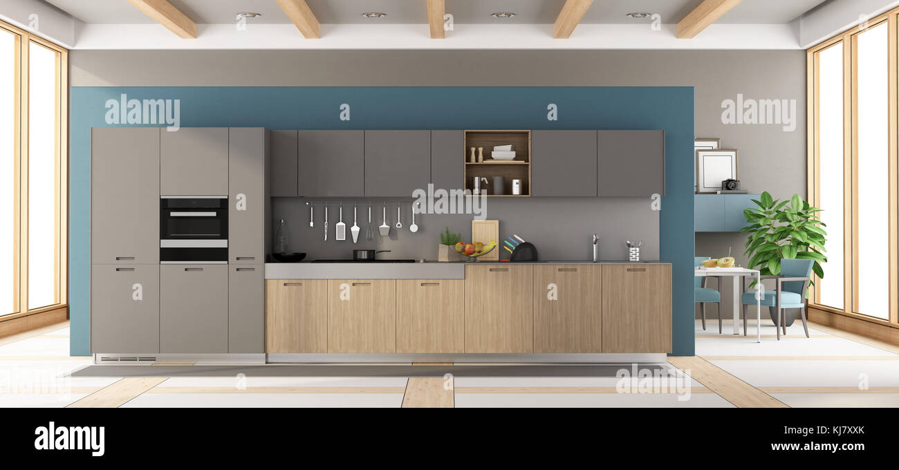 E Cinza De Madeira Moderna Cozinha Com Mesa De Jantar E Cadeiras No E Cinza De Madeira Moderna Cozinha Com Mesa De Jantar E Cadeiras No
