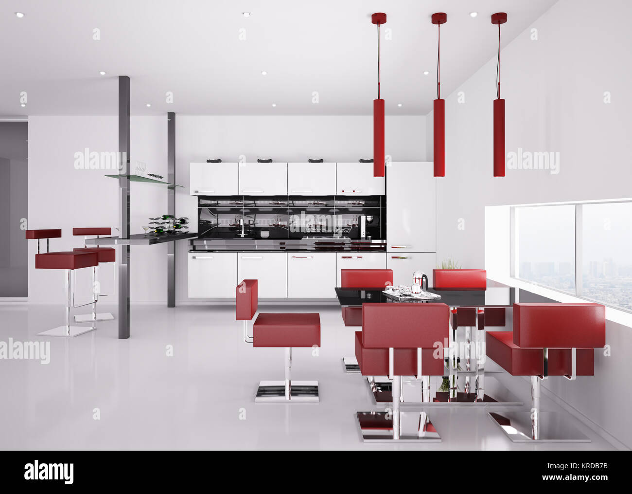 Interior Da Cozinha Moderna Em Branco Com Cadeiras Vermelho 3d Interior Da Cozinha Moderna Em Branco Com Cadeiras Vermelho 3d
