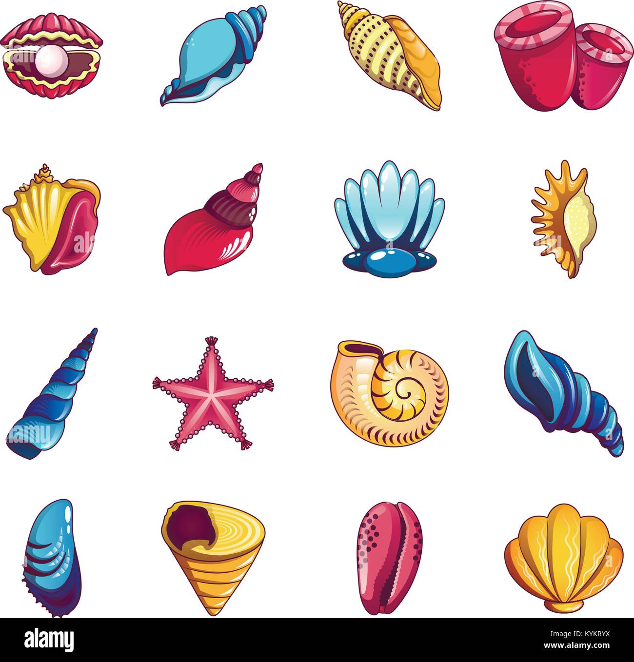 Concha de mar tropical conjunto de ícones, estilo cartoon Ilustração do