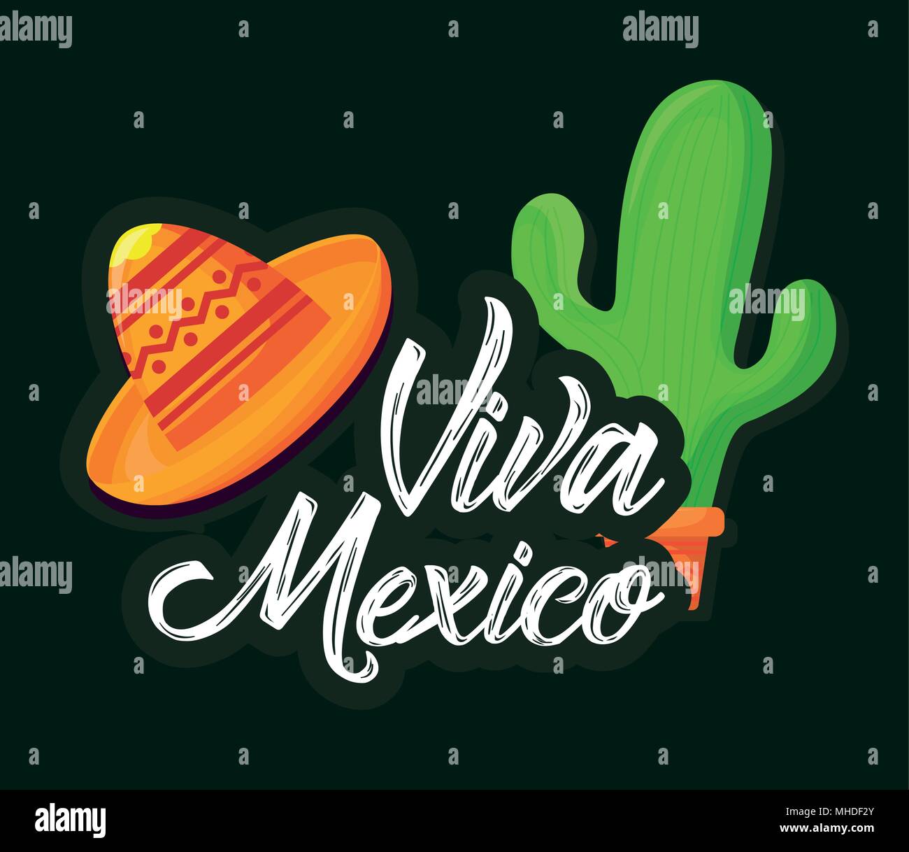 Viva Mexico Design With Mexican Hat And Cactus Over Green - 